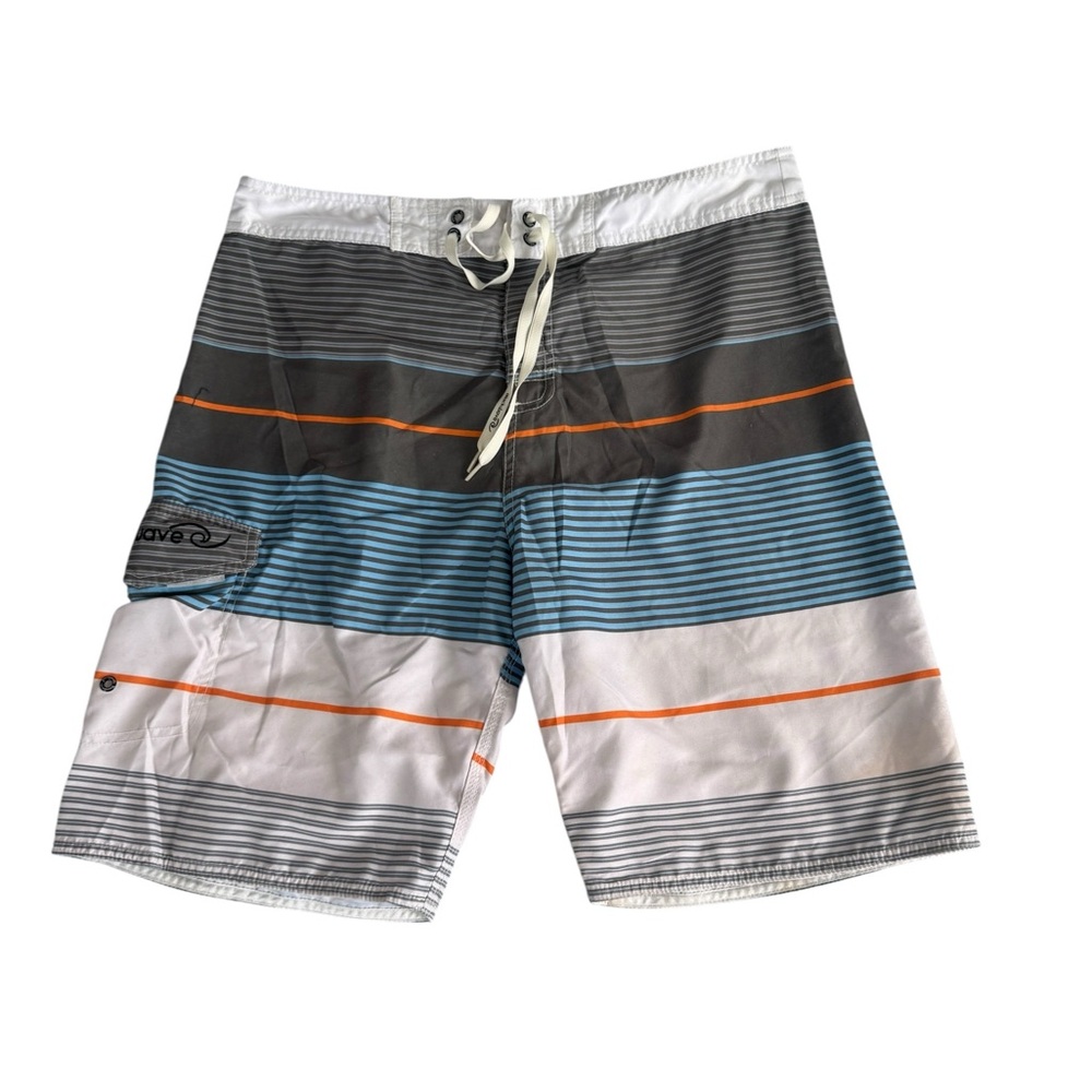 Men's Striped Board Shorts - White, Blue, and Orange